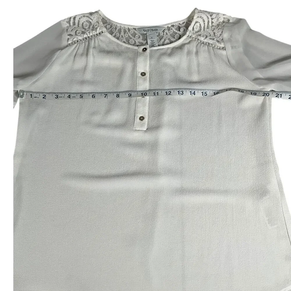 White House Black Market Size 8 White Lace Sheer Sleeves Pheasant Blouse Button - Picture 5 of 12